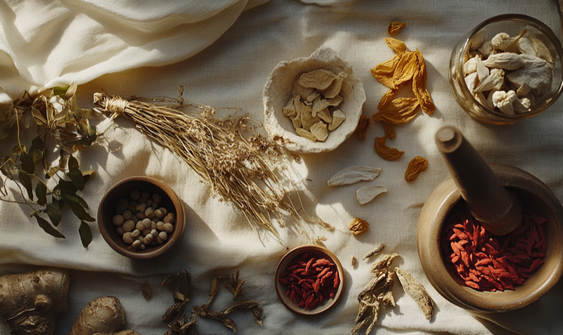 TCM herbs, mortar and pestle on linen