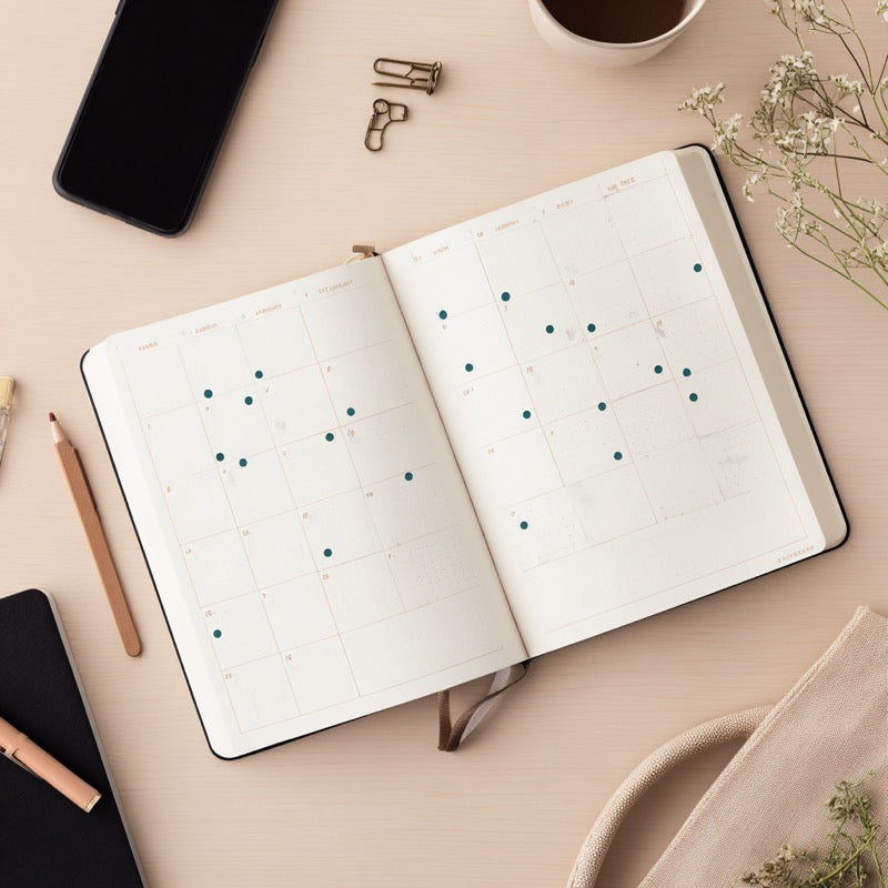 Monthly protocol planner with check-in dates marked