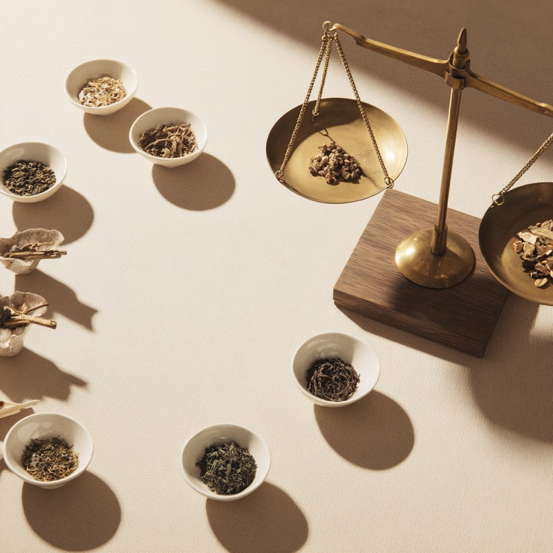 Herbs on a brass scale representing formulation adjustments